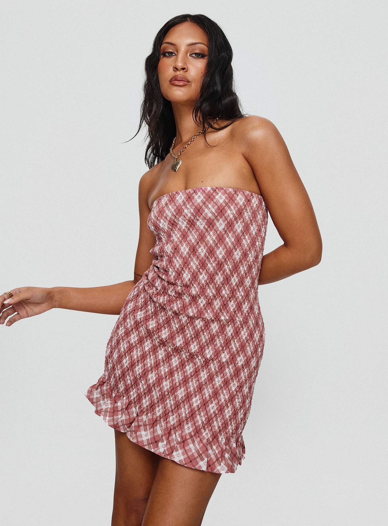 back view of model wearing Princess Polly Takiyo Mini Dress Pink Straight Neck 