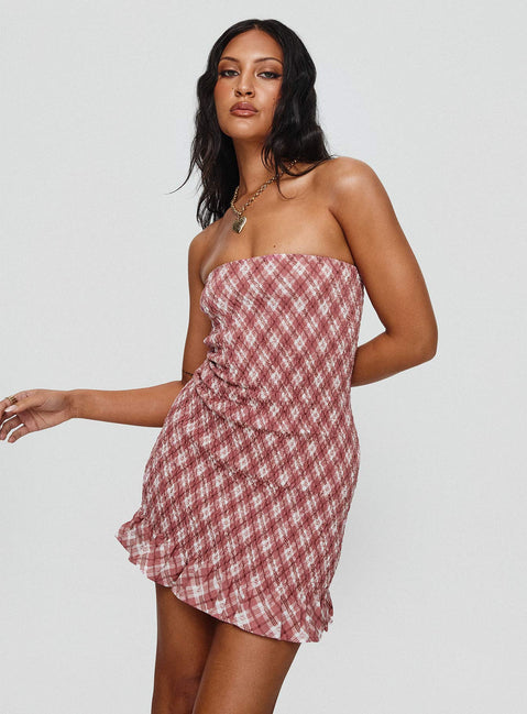 back view of model wearing Princess Polly Takiyo Mini Dress Pink Straight Neck 