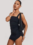 front view of model wearing Princess Polly Sheila Mini Dress Black Square Neck 