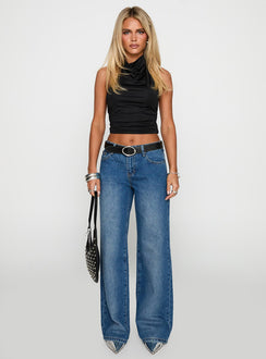 side view of model wearing Princess Polly On Sunset Mid Rise Straight Leg Jeans Dark Wash Mid Rise 