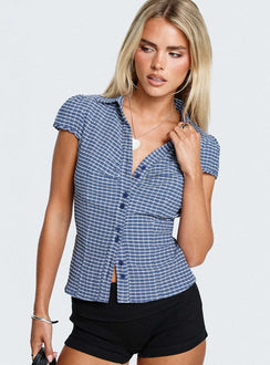 front view of model wearing Princess Polly Arianwyn Short Sleeve Shirt Navy Check Short Sleeves V-Neck 