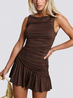 back view of model wearing Princess Polly Mind Reader Ruched Mini Dress Brown Boat Neck 