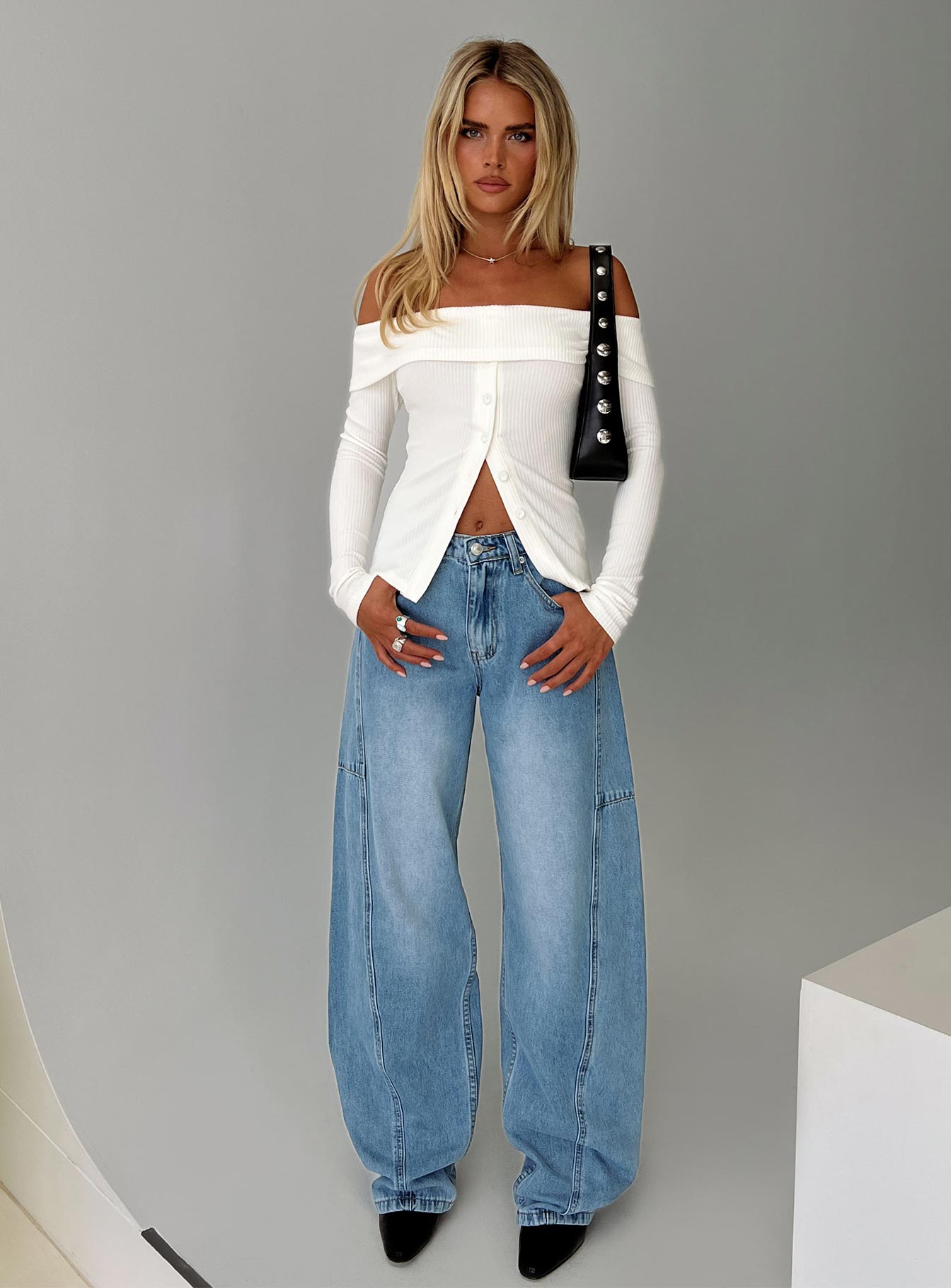 side view of model wearing Princess Polly Esperance Barrel Leg Jeans Vintage Blue High Waisted 