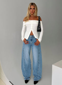side view of model wearing Princess Polly Esperance Barrel Leg Jeans Vintage Blue High Waisted 