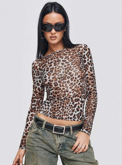 front view of model wearing Princess Polly Believe Me Long Sleeve Top Leopard Full Sleeves Scoop Neck 