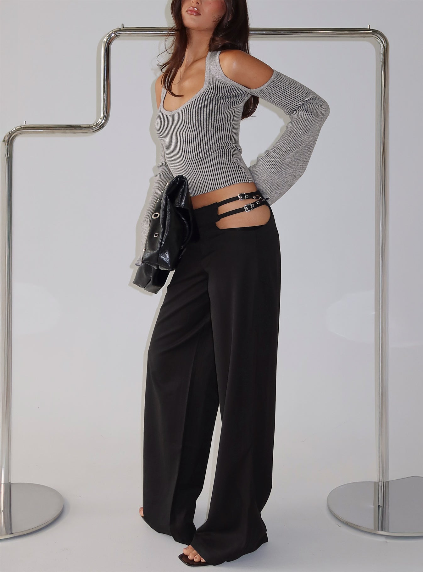 front view of model wearing Princess Polly Venicia Belt Detail Suiting Pant Black Pinstripe Mid Rise Pants 
