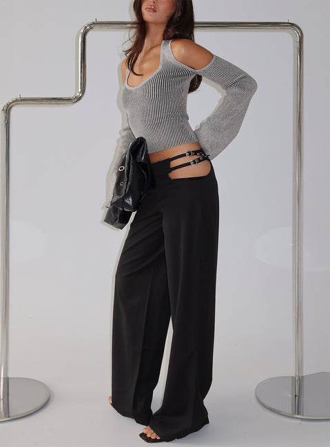 front view of model wearing Princess Polly Venicia Belt Detail Suiting Pant Black Pinstripe Mid Rise Pants 