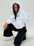 side view of model wearing Princess Polly Harvard Raglan Zip Up White / Red 