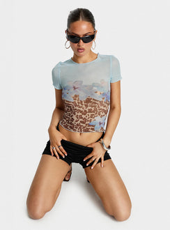 front view of model wearing Princess Polly Pop Quiz Mesh Top Blue / Leopard Short Sleeves Crew Neck 