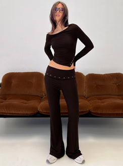 front view of model wearing Princess Polly Wynna Eyelet Foldover Pants Chocolate Low Rise Pants 