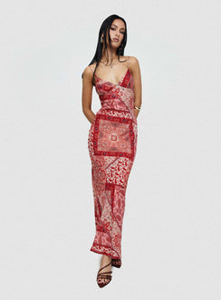 side view of model wearing Princess Polly Sugar Plum Maxi Dress Red Paisley V-Neck 
