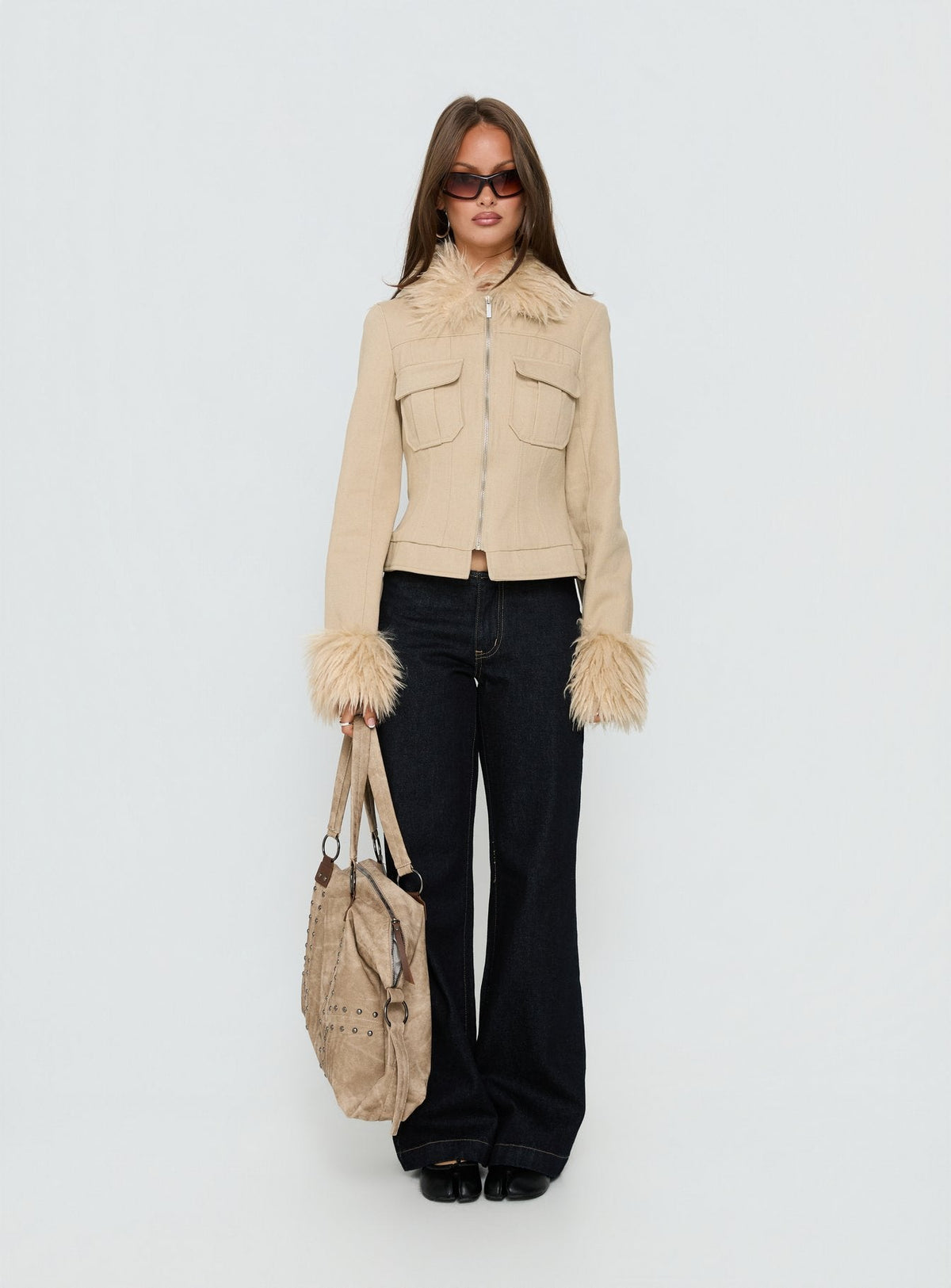 Nindie Faux Fur Kontrastjacke Hellbraun