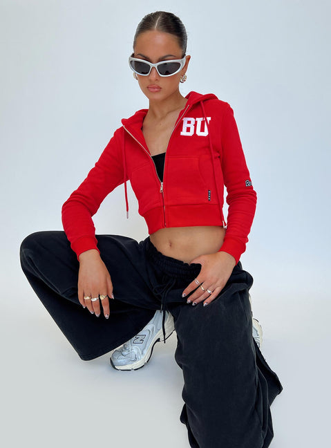 back view of model wearing Princess Polly BU MIA Zip Sweater Red cropped 