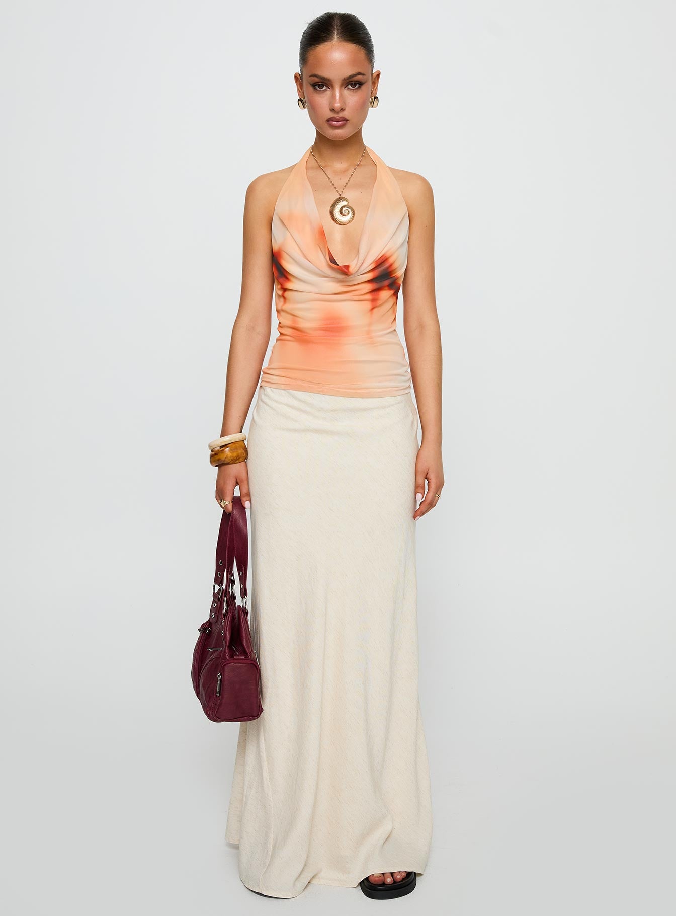 front view of model wearing Princess Polly Do It Again Cowl Neck Top Orange Multi Sleeveless Cowl 