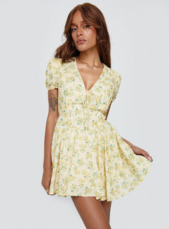 front view of model wearing Princess Polly Ethelyn Mini Dress Yellow Floral V-Neck 
