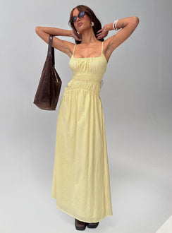 front view of model wearing Princess Polly Magnolie Shirred Maxi Dress Yellow Stripe Square Neck 