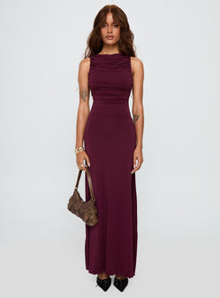 front view of model wearing Princess Polly Undeniable Cut Out Maxi Dress Plum Crew Neck 