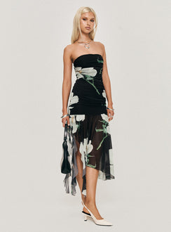 side view of model wearing Princess Polly Nektaria Strapless Midi Dress Multi Straight Neck 