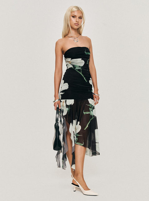 side view of model wearing Princess Polly Nektaria Strapless Midi Dress Multi Straight Neck 