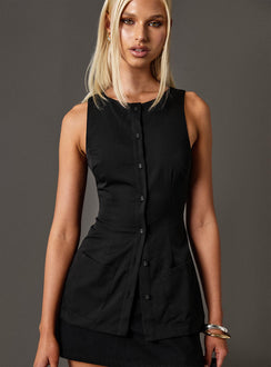 front view of model wearing Princess Polly Mystick Vest Top Black Sleeveless Crew Neck 