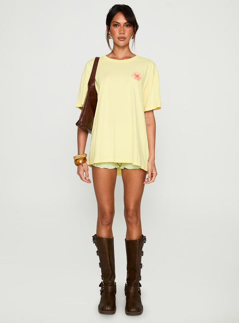 front view of model wearing Princess Polly Firenze Flower Market Graphic Top Yellow Half Sleeves Crew Neck 