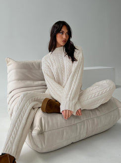 back view of model wearing Princess Polly Sharif Cable Knit Sweater Beige regular 