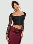 Black Long sleeve lace crop top Square neckline, hook & eye fastening at bust, sheer sleeves