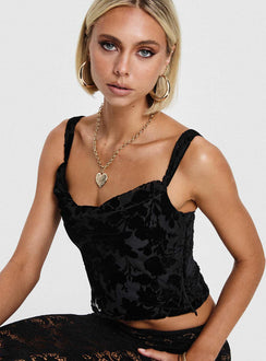 front view of model wearing Princess Polly Devore Cami Black Floral Sleeveless Cowl 