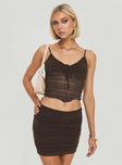 Brown two piece set Crop top, adjustable shoulder straps, tie detail at bust