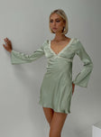 Silky long sleeve mini dress V neckline, lace trim, tie fastening at back, invisible zip fastening at side