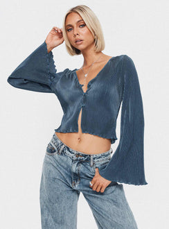 back view of model wearing Princess Polly Collis Long Sleeve Top Blue Full Sleeves V-Neck 