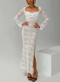 front view of model wearing Princess Polly Aubriella Lace Maxi Dress Cream Sweetheart Neckline 