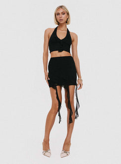 Black mesh matching set Mesh material, halter neck style, cropped fit, ruffle detail, invisible zip fastening