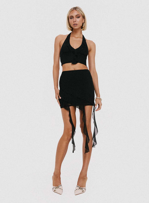 Black mesh matching set Mesh material, halter neck style, cropped fit, ruffle detail, invisible zip fastening