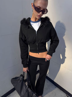 Crafted from the Ramonda Faux Fur Hooded Jumper Black womens-jumpers in short length detail view of model wearing Princess Polly
