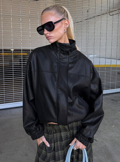 Dialtone Trichterhals Kunstlederjacke Schwarz