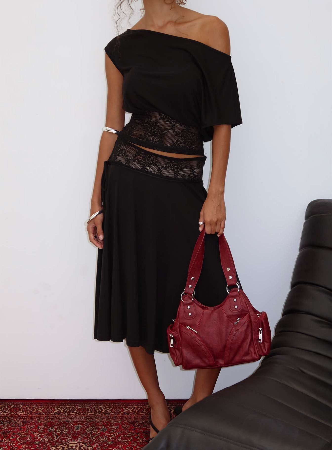 back view of model wearing Princess Polly Marienna Lace Midi Skirt Black Midi Skirts 