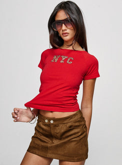 back view of model wearing Princess Polly Nyc Leopard Graphic Top Red Short Sleeves Crew Neck 