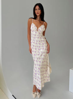 side view of model wearing Princess Polly Jessamine Frill Maxi Dress White / Lilac Plunger 