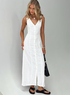 front view of model wearing Princess Polly Summer Season Linen Blend Maxi Dress White Petite V-Neck 