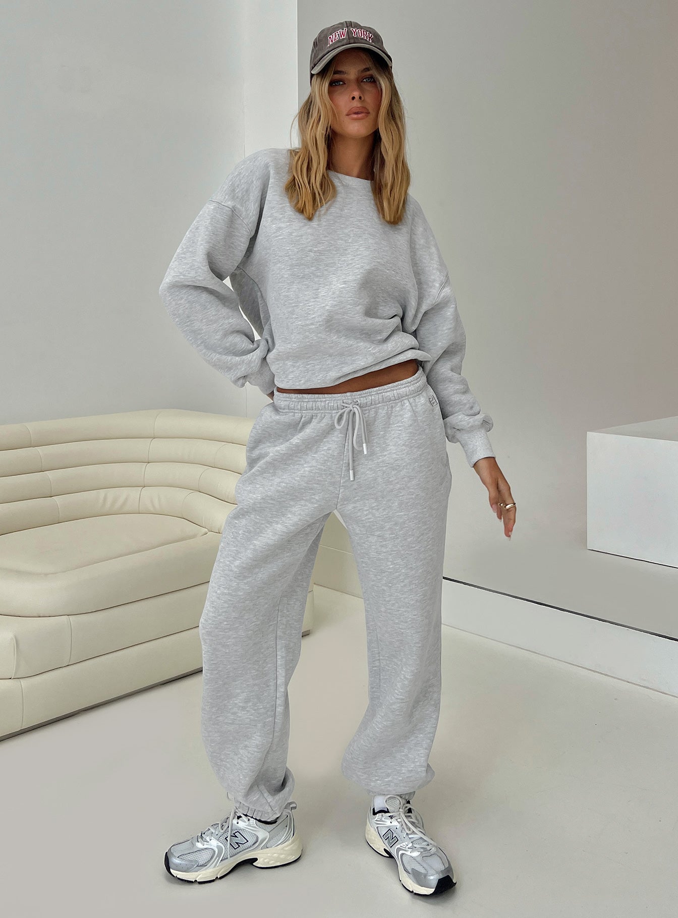 front view of model wearing Princess Polly Dream Fleece Classic Crewneck Sweatshirt Grey Marle 