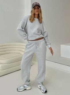 front view of model wearing Princess Polly Dream Fleece Classic Crewneck Sweatshirt Grey Marle 