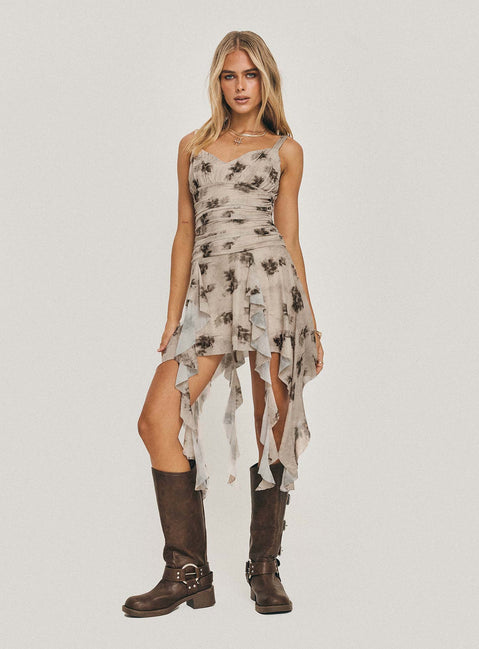 front view of model wearing Princess Polly Marshy Mini Dress Brown V-Neck 