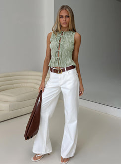 side view of model wearing Princess Polly Serenitia Mid Rise Straight Leg Relaxed Jeans White Wash High Waisted 