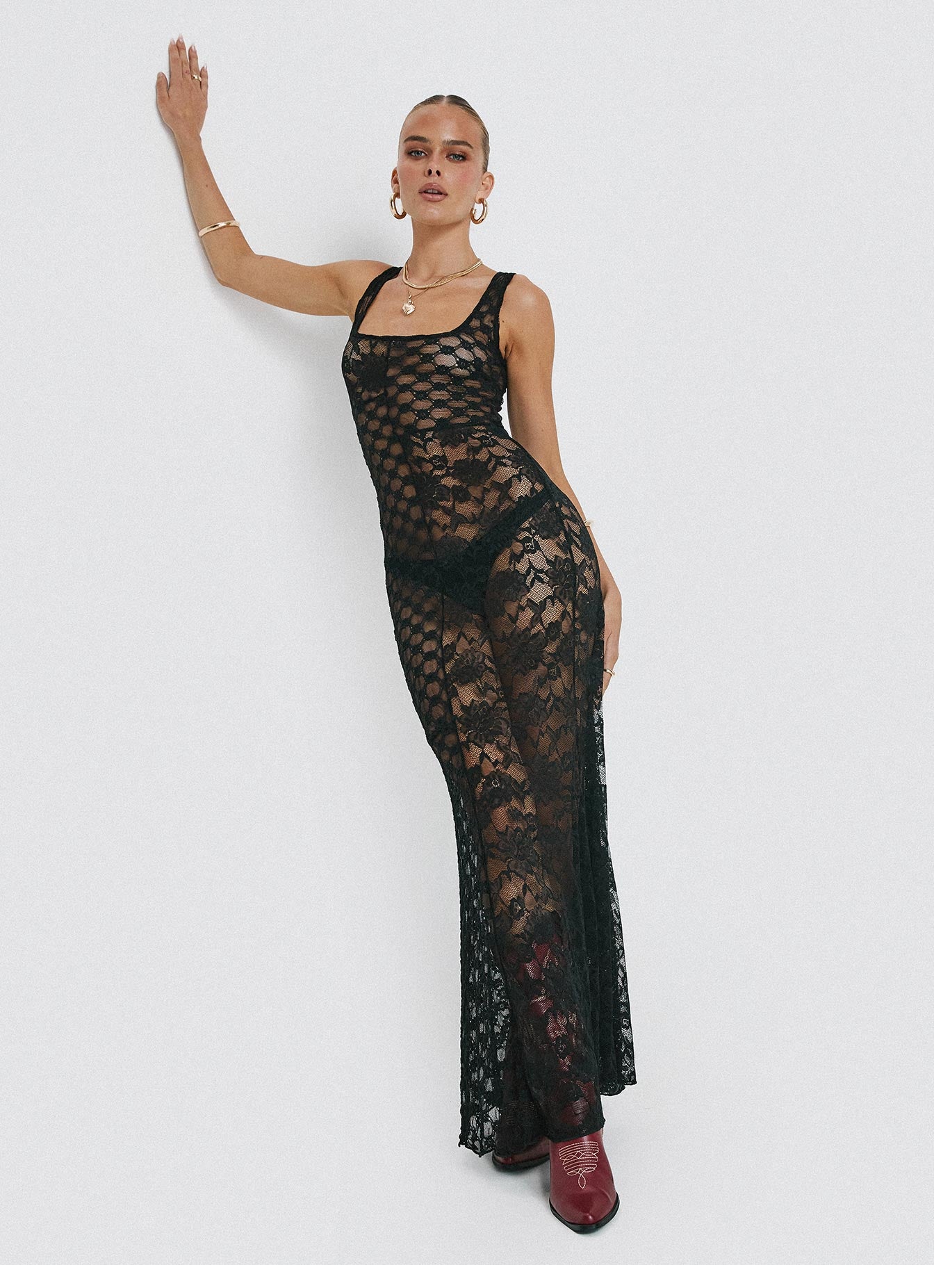 side view of model wearing Princess Polly Zhara Lace Dress Black Scoop Neck 