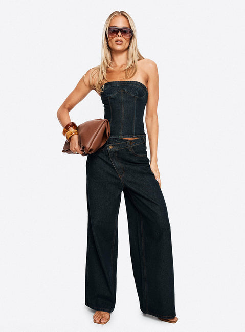 front view of model wearing Princess Polly Blue Crush Low Rise Wide Leg Jeans Indigo Mid Rise Jeans 