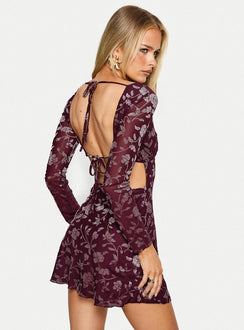 Raylena Long Sleeve V-neck Mini Dress Burgundy Floral