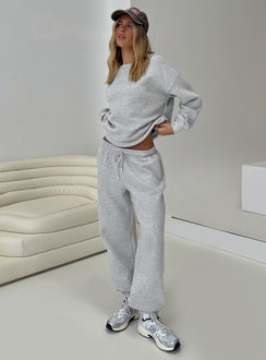 side view of model wearing Princess Polly Dream Fleece Ankle Cuff Sweatpants Grey Marle High Waisted Pants 