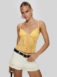 back view of model wearing Princess Polly Manski Lace Top Yellow Sleeveless Plunger 