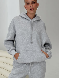 front view of model wearing Princess Polly Dream Fleece Classic Hoodie Grey Marle Longline Jumpers 